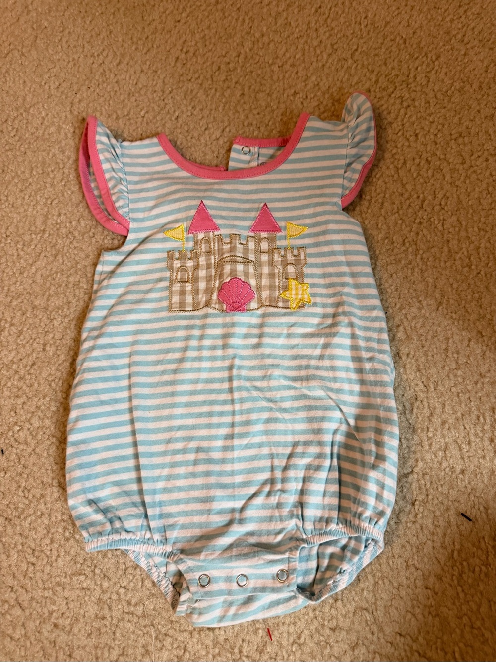 Striped Sea Castle Baby Romper with Pink Trim